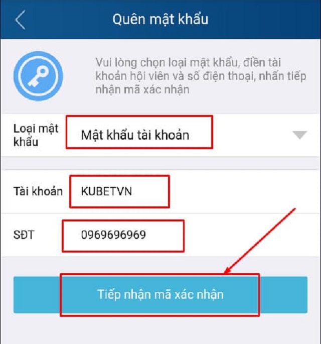 Đổi sau khi lấy lại mật khẩu mới tài khoản Kubet